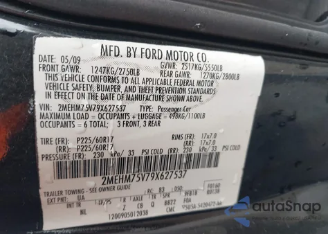 2009 Mercury Grand Marquis Ls (Fleet Only) from USA, damaged, VIN 2MEHM75V79X627537